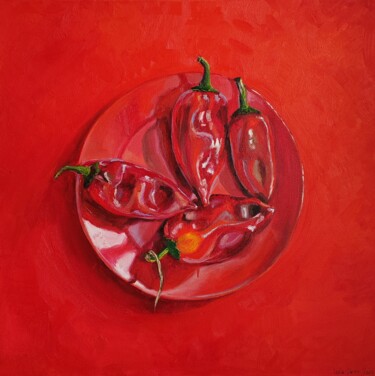Painting titled "Fiery Red Still Lif…" by Leyla Demir, Original Artwork, Oil Mounted on Wood Stretcher frame