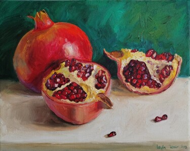Painting titled "Pomegranate fruit s…" by Leyla Demir, Original Artwork, Oil Mounted on Wood Stretcher frame