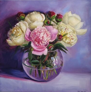 Painting titled "PINK AND WHITE PEON…" by Leyla Demir, Original Artwork, Oil Mounted on Wood Stretcher frame