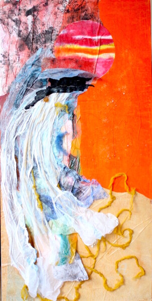 Peinture intitulée "CROISSANT BLEU" par Leylane Ferret, Œuvre d'art originale, Collages Monté sur Panneau de bois