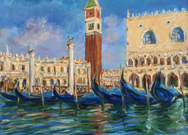 Painting titled "GONDOLAS NEAR PIAZZ…" by Karakhan, Original Artwork, Oil