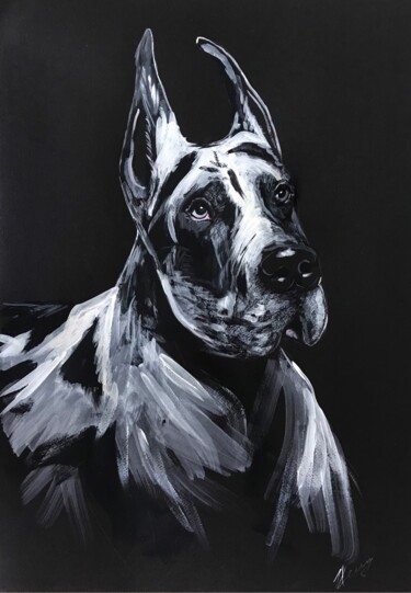 Pittura intitolato "Great Dane in Black" da Leysan Khasanova, Opera d'arte originale, Acquarello