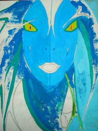 Malerei mit dem Titel "Blue Face/ Visage B…" von L. F. Q. B. (Le Feu Qui Brule), Original-Kunstwerk, Gouache