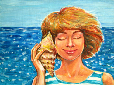 Painting titled "A girl listens to a…" by Galina Lyutaeva, Original Artwork, Acrylic