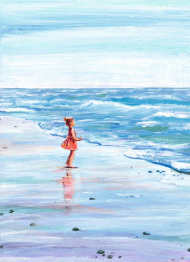 Peinture intitulée "Seascape and a girl…" par Galina Lyutaeva, Œuvre d'art originale, Acrylique