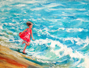 Painting titled "Seascape and a girl…" by Galina Lyutaeva, Original Artwork, Acrylic