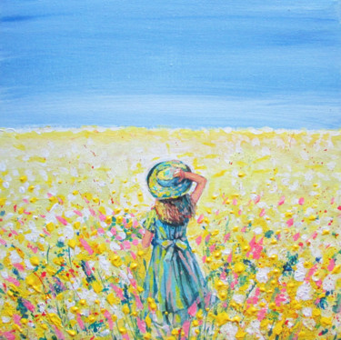 Painting titled "Girl in a hat with…" by Galina Lyutaeva, Original Artwork, Acrylic