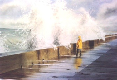 Peinture intitulée "Tempête sur la digue" par Laurent Girard, Œuvre d'art originale