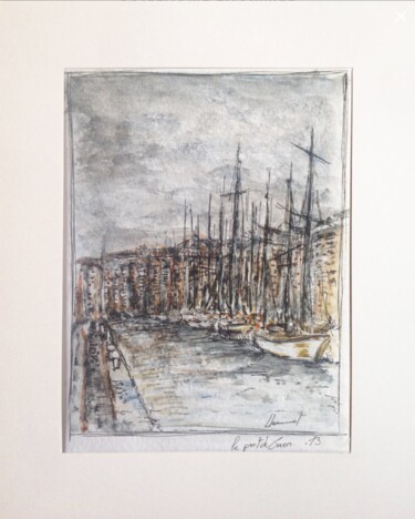 Tekening getiteld "Le Port de Caen (No…" door Guillaume Lhommel, Origineel Kunstwerk, Aquarel
