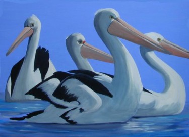 Peinture intitulée "four pelicans" par Bernard L'Hostis, Œuvre d'art originale