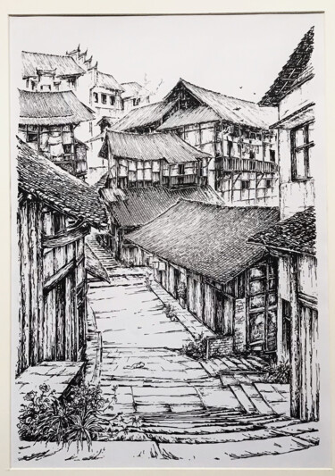 Painting titled "福宝古镇" by Li Han Lin, Original Artwork, Ink