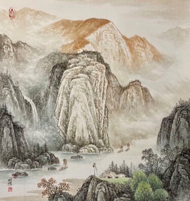 Drawing titled "中国画四季山水系列：秋" by Li Ming, Original Artwork, Pigments
