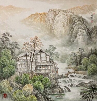Dessin intitulée "中国画四季山水系列：夏" par 理 明, Œuvre d'art originale, Pigments