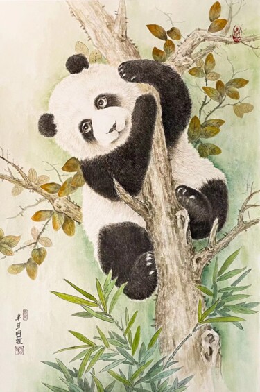Painting titled "PNDA熊猫系列：眺望" by Li Ming, Original Artwork, Ink