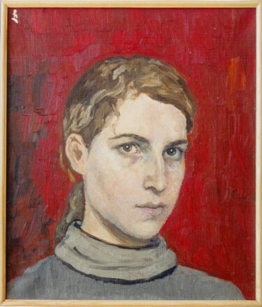 Painting titled "Selfportrait" by Lia Chechelashvili, Original Artwork, Oil Mounted on Wood Stretcher frame