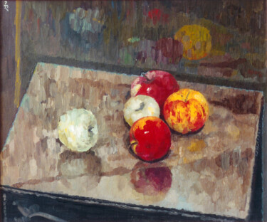 Painting titled "Apples" by Lia Chechelashvili, Original Artwork, Oil Mounted on Wood Stretcher frame