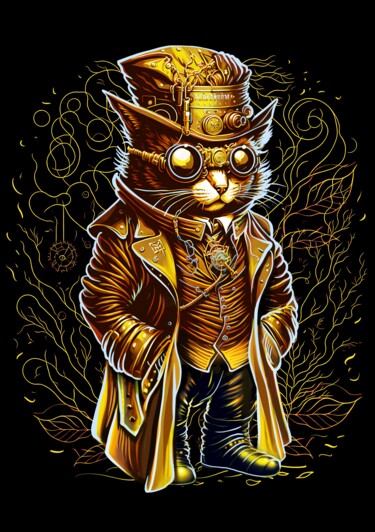 Arte digitale intitolato "Steampunk Cat" da Lia Lemberg, Opera d'arte originale, Pittura digitale