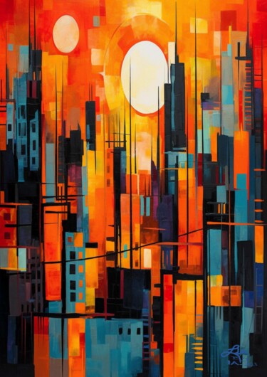 Arts numériques intitulée "Two Moons City 2023" par Lia, Œuvre d'art originale, Peinture numérique