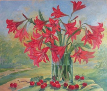 Painting titled ""Цветы и вишни"!" by Liakhova, Original Artwork