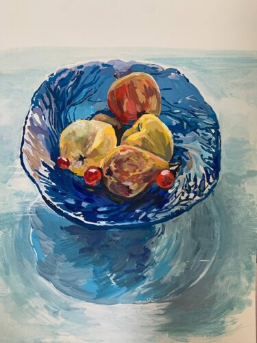 Schilderij getiteld "Fruits and blue vase" door Liaisan Musina, Origineel Kunstwerk, Tempera