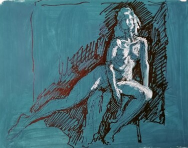 Dessin intitulée "Female Nude In Blue." par Liam Ryan, Œuvre d'art originale, Marqueur