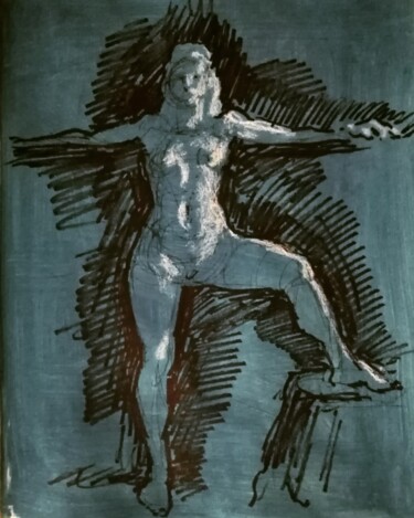 Tekening getiteld "Female Nude In Blue…" door Liam Ryan, Origineel Kunstwerk, Krijt