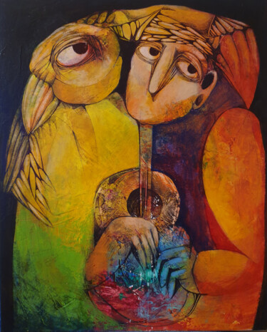 Painting titled "The musician and th…" by Liana Asatryan, Original Artwork, Oil Mounted on Wood Stretcher frame
