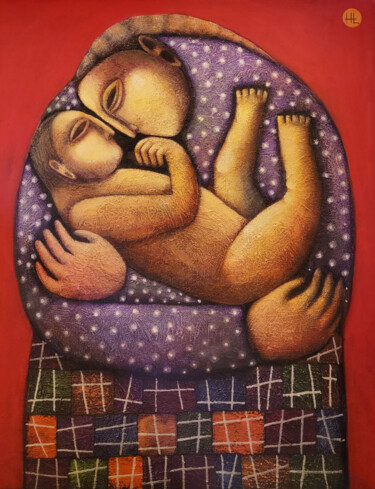 Painting titled "Maternity" by Liana Asatryan, Original Artwork, Oil Mounted on Wood Stretcher frame