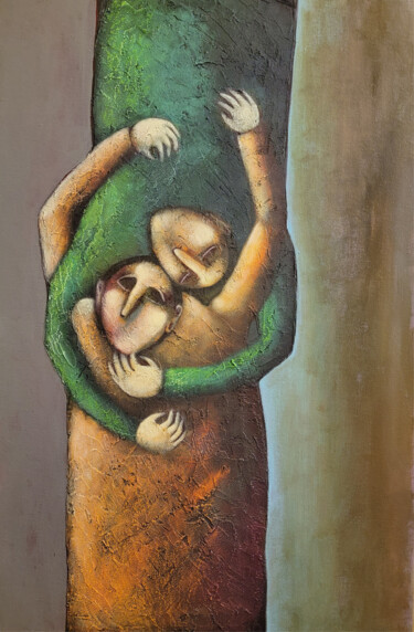 Painting titled "Hug" by Liana Asatryan, Original Artwork, Oil Mounted on Wood Stretcher frame