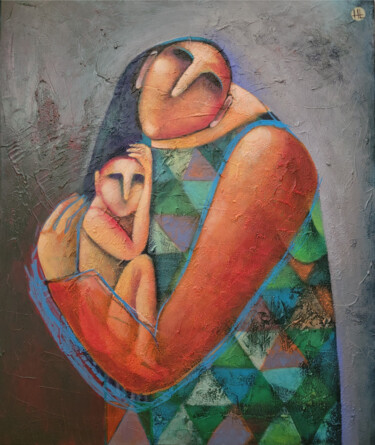 Painting titled "MATERNAL EMBRACE" by Liana Asatryan, Original Artwork, Oil Mounted on Wood Stretcher frame