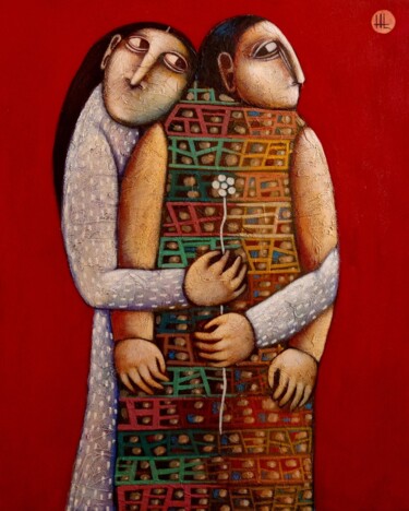 Painting titled "TWO HEARTS, ONE CAN…" by Liana Asatryan, Original Artwork, Oil Mounted on Wood Stretcher frame