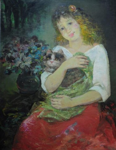 Painting titled "Woman holding Cat,…" by Liang Yi Er, Original Artwork, Oil