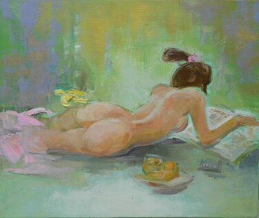 Painting titled "Reclining Nude, ori…" by Liang Yi Er, Original Artwork, Oil