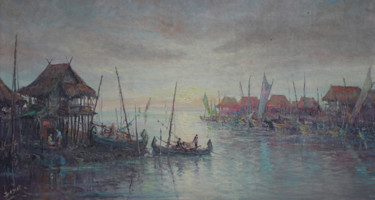 Painting titled "Fishermen Port" by Lia Nursalim, Original Artwork, Oil