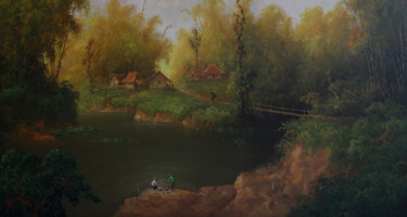 Painting titled "Lake view in the vi…" by Lia Nursalim, Original Artwork, Oil