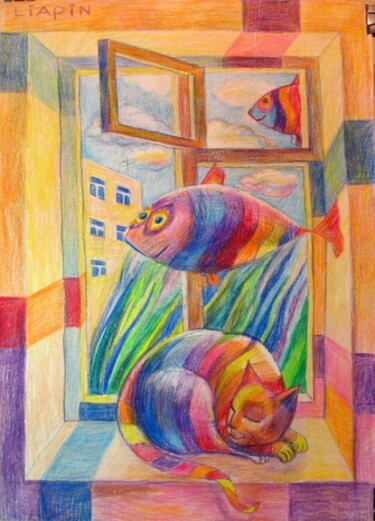 Peinture intitulée "Сны полосатого кота." par Liap In Art, Œuvre d'art originale, Autre