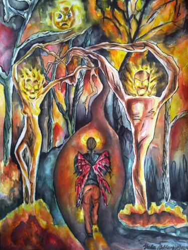 Malerei mit dem Titel "The time of devils" von Yulia Bukharovskaya, Original-Kunstwerk, Aquarell