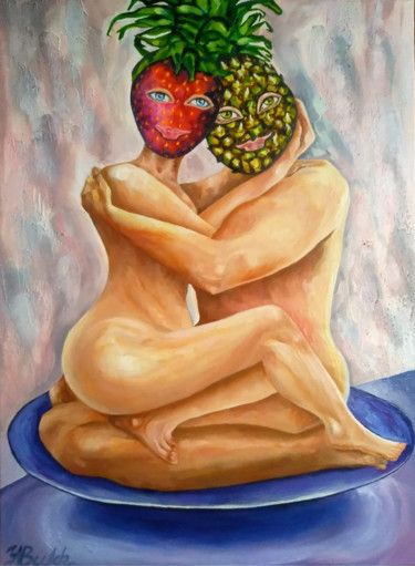 Painting titled "Strawberry- pineapp…" by Yulia Bukharovskaya, Original Artwork, Oil