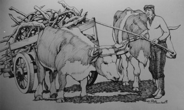 Desenho intitulada "Acarreando leña.jpg" por El Rudy, Obras de arte originais, Tinta