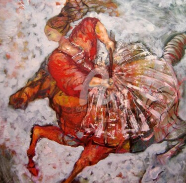 Peinture intitulée "Fille et cheval rou…" par Li Chen, Œuvre d'art originale, Huile
