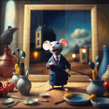 Painting titled "The Artist Mouse Ca…" by Licia Trobia, Original Artwork, Digital Painting Mounted on Wood Stretcher frame