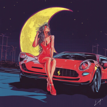 Painting titled "Moon light e Ferrar…" by Licia Trobia, Original Artwork, Ink Mounted on Wood Stretcher frame