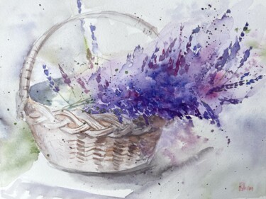 Malerei mit dem Titel "Basket with lavender" von Lida Khomyakova (Artelida), Original-Kunstwerk, Aquarell