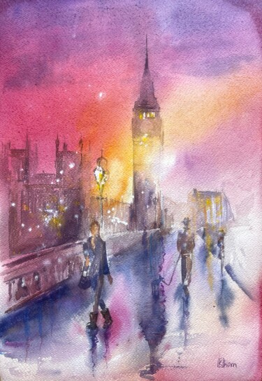Картина под названием "London at sunset" - Lida Khomyakova (Artelida), Подлинное произведение искусства, Акварель