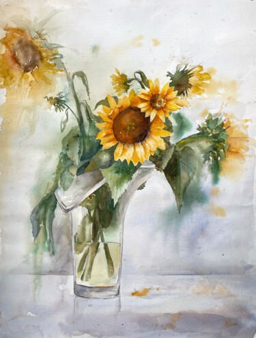 Malarstwo zatytułowany „Sunflowers” autorstwa Lida Khomyakova (Artelida), Oryginalna praca, Akwarela