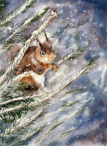 Картина под названием "Squirrel in the win…" - Lida Khomyakova (Artelida), Подлинное произведение искусства, Акварель