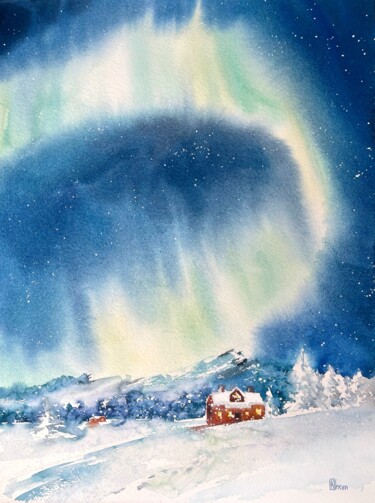 Painting titled "Northern lights" by Lida Khomyakova (Artelida), Original Artwork, Watercolor
