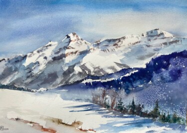 Malerei mit dem Titel "Swiss Alps.  Winter" von Lida Khomyakova (Artelida), Original-Kunstwerk, Aquarell