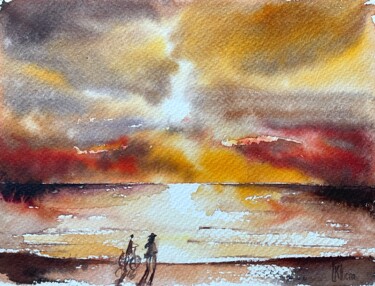 Painting titled "Sunset in Miami" by Lida Khomyakova (Artelida), Original Artwork, Watercolor