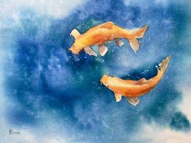Painting titled "Goldfish" by Lida Khomyakova (Artelida), Original Artwork, Watercolor
